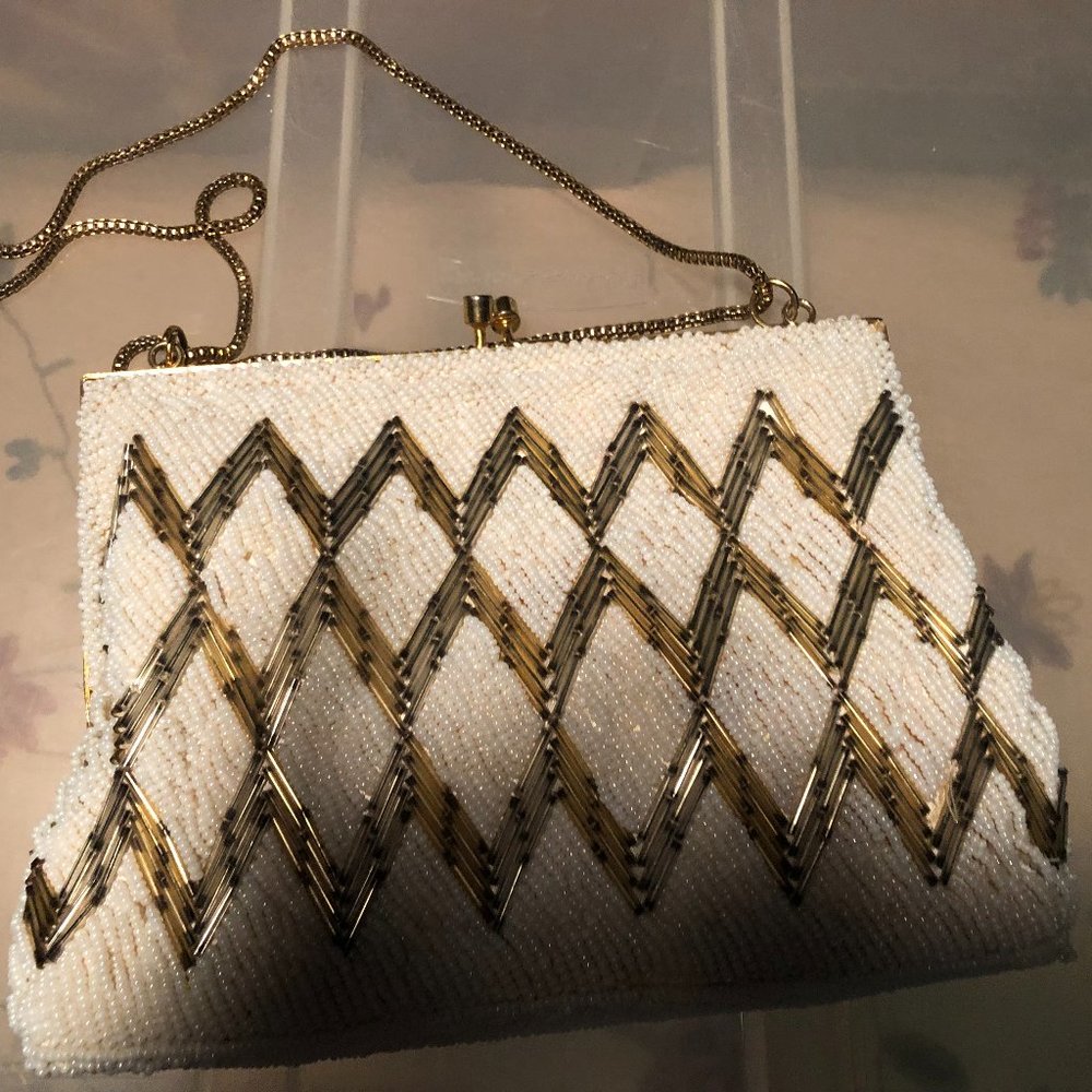 Vintage Beaded White and Gold Evening Clutch, Hand or Shoulder Bag